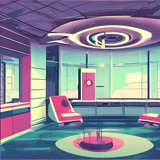 Prompt: Retro futurism aesthetic interior, concept art