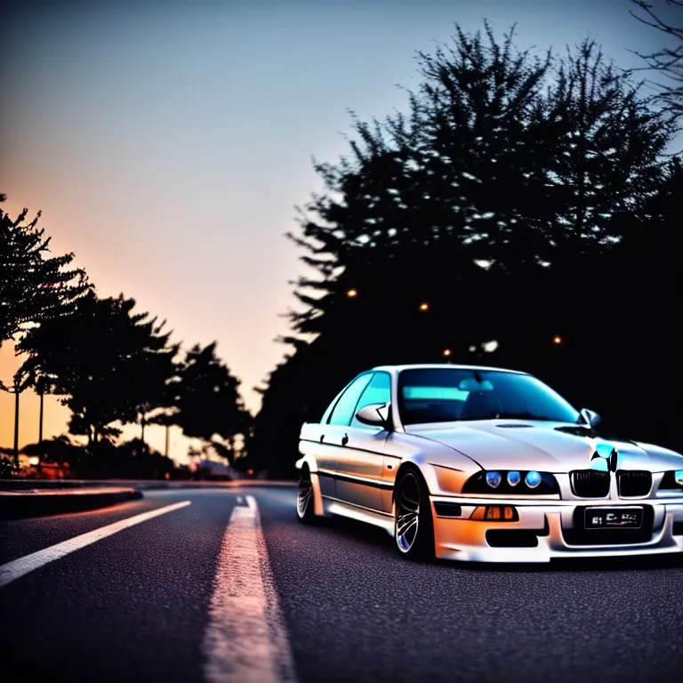 Prompt: close-up-photo BMW E36M middle of street, sunset kanagawa prefecture, night, cinematic color, photorealistic, highly detailed,