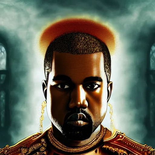 Prompt: Portrait of Kanye West as the god-emperor of mankind, amazing splashscreen artwork, splash art, natural light, elegant, intricate, fantasy, atmospheric lighting, cinematic, matte painting