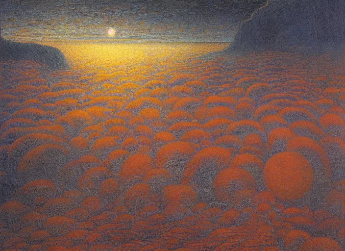 Image similar to a haunting landscape with wandering blobby orange wraiths, painting by jean delville,