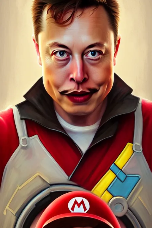 Image similar to elon musk as mario from the super mario bros, realistic portrait, symmetrical, highly detailed, digital painting, artstation, concept art, smooth, sharp focus, illustration, cinematic lighting, art by artgerm and greg rutkowski and alphonse mucha