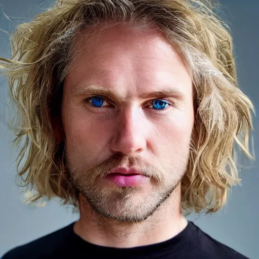 Image similar to full face color photograph of a 40 year old very handsome white man with very short, wavy, light blond hair and very small slanted blue eyes, dressed in a white t shirt, gray shorts and black socks, with very thin lips, with a straight nose and blond stubble on his oval face, and pale skin. He resembles a lion.