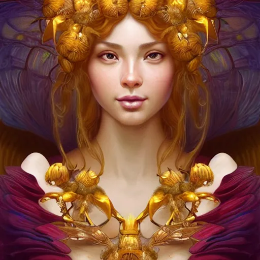 Image similar to perfectly-centered-Portrait of a gorgeous Honey Goddess with bees, The Perfect Human Female Specimen, intricate, elegant, super highly detailed, professional digital painting, artstation, concept art, smooth, sharp focus, no blur, no dof, extreme illustration, Unreal Engine 5, 8K, art by artgerm and greg rutkowski and alphonse mucha and loish and WLOP