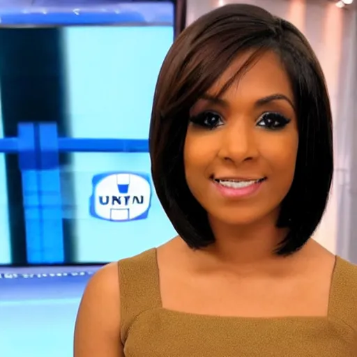 Prompt: a fullbody shot of a beautiful, african - hispanic female news anchor, with a bob cut, ultra hd, high definition, high quality, crisp, sharp, smooth, 8 k resolution