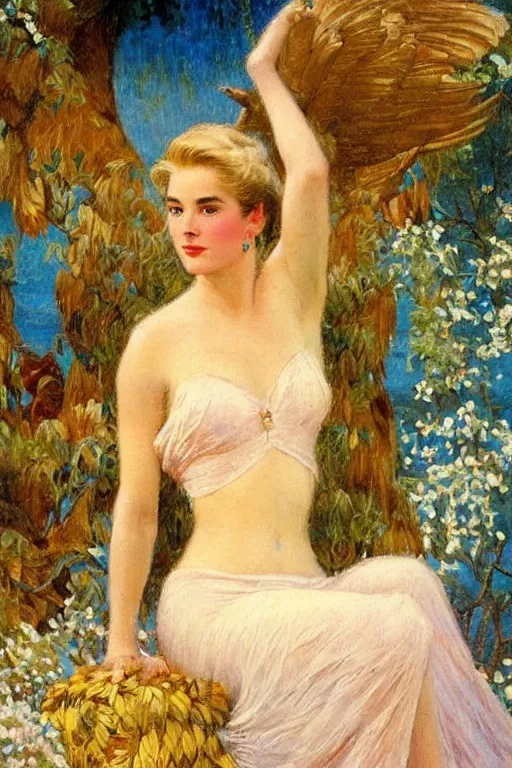 Image similar to Grace Kelly explaining the birds and the bees in the style of Gaston Bussière, art nouveau, art deco