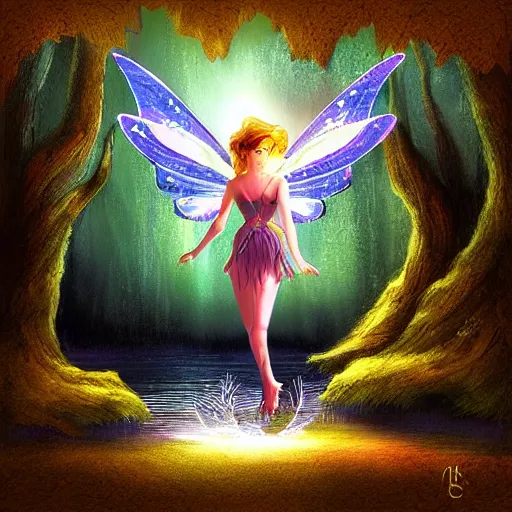 Image similar to evil fairy flying over a river, digital art, fantasy, light