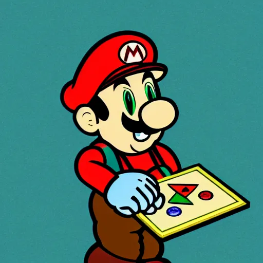 Prompt: Mario bros Luigi playing a ouija board, illustration, board game, Nintendo, artgram,