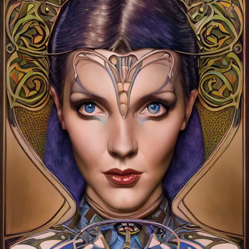 Image similar to an art nouveau, ( streamline moderne ), multi - racial portrait in the style of donato giancola and anna dittmann and charles dulac. very large, clear, expressive, and intelligent eyes. symmetrical, centered, ultrasharp focus, dramatic lighting, photorealistic digital matte painting, intricate ultra detailed background.