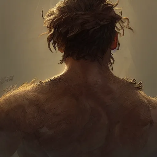 Image similar to back portrait of a rugged ranger, full body, hairy torso, D&D, fantasy, intricate, elegant, highly detailed, digital painting, artstation, concept art, matte, sharp focus, illustration, art by Artgerm and Greg Rutkowski and Alphonse Mucha