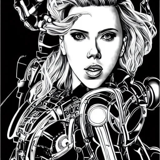 Image similar to scarlett johansson as a intricately detailed mechanical robot, black and white, dynamic angle, pencil and ink manga, elegant, highly detailed, dramatic lighting