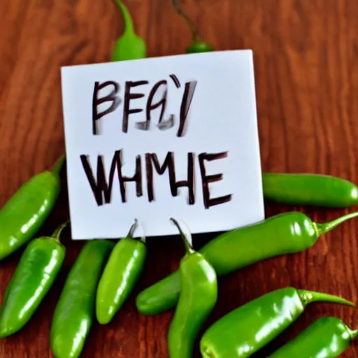 Image similar to A bunch of Tiny jalapenos peppers with tiny legs and arms carrying big white signs protesting on a countertop