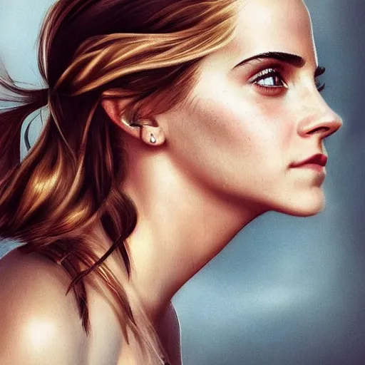 Prompt: emma watson playing with her hair, hyperrealistic, artgerm