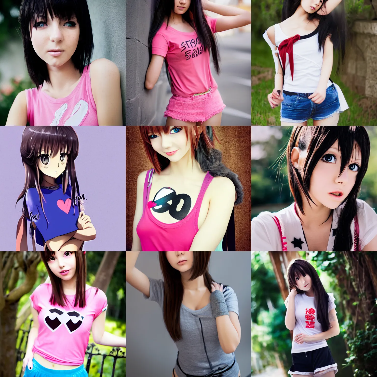 Image similar to Portrait-photograph of a flirty anime girl wearing a t-hirt and shorts