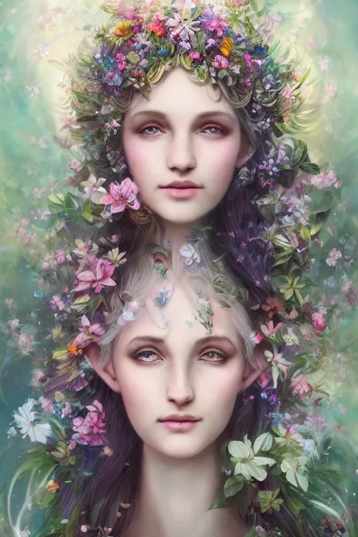 Image similar to a portrait of a beautiful elvish goddess with flowers in her hairs , hd, 4k, 8k, highly detailed, sharp, ethereal, astral environment in style of Anna Dittmann