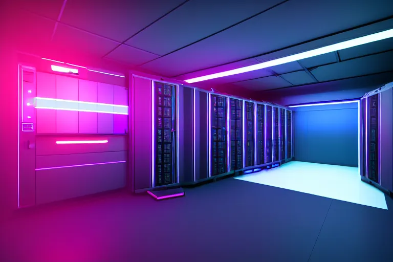 Prompt: realistic robot in a data server room, neon and dark, purple and blue color scheme, by dan mumford, global illumination ray tracing hdr render in unreal engine 5