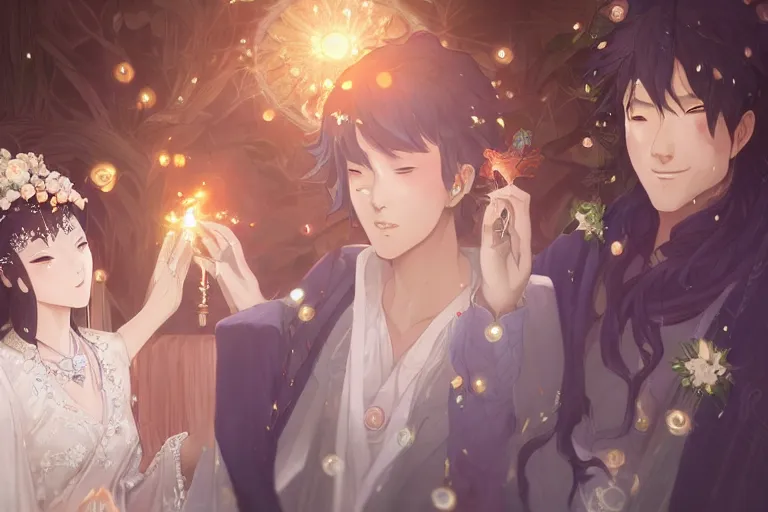 Image similar to a dreamlike portrait of wedding close up moment of a divine a japan sun god and moon goddess lovers magician at a wedding banquet. highly detailed, digital painting, fantasy wedding screen, 8 k realistic, hyper detailed, by makoto shinkai and akihiko yoshida and hidari and wlop