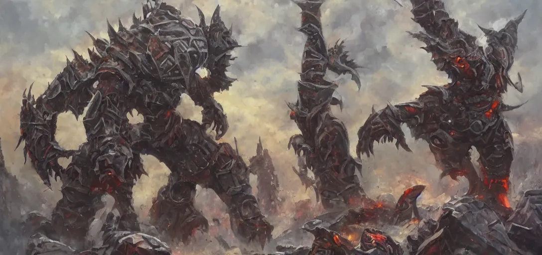 Image similar to oil painting of a single giant orc in futuristic armor roars as it steps over it's fallen enemy's bodies