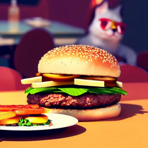 Image similar to a cat eating a burger at a diner, unreal engine, octane render, artgerm, artstation, art jiro matsumoto, high quality, intricate detailed 8 k, sunny day