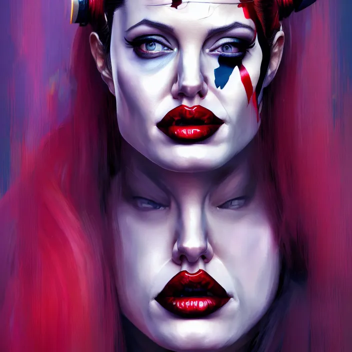 Prompt: portrait of Angelina Jolie as a harley quinn. intricate abstract. intricate artwork. by Tooth Wu, wlop, beeple, dan mumford. octane render, trending on artstation, greg rutkowski very coherent symmetrical artwork. cinematic, hyper realism, high detail, octane render, 8k, iridescent accents