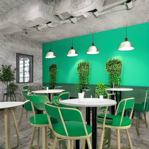 Image similar to interior design of a cafe, green and blue color scheme, vivid lighting, photorealist, 4 k