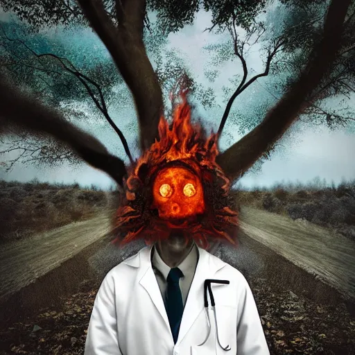 Prompt: An album cover, fire, mask, stethoscope!, (doctor), 3d render, ((robot)), (unreal engine), (rust), photograph, portrait, painting, ((forest))