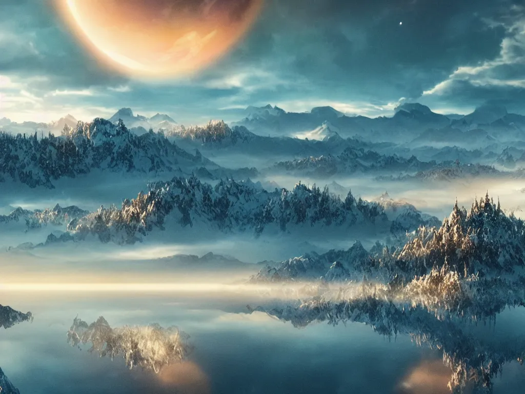 Image similar to epic crystalline taiga with a lake, golden hour, distant mountains, atmospheric perspective, altostratus clouds, planets, cinematic, 3 5 mm lens, photographic, octane render, cinematography by roger deakins, in the style of ansel adams