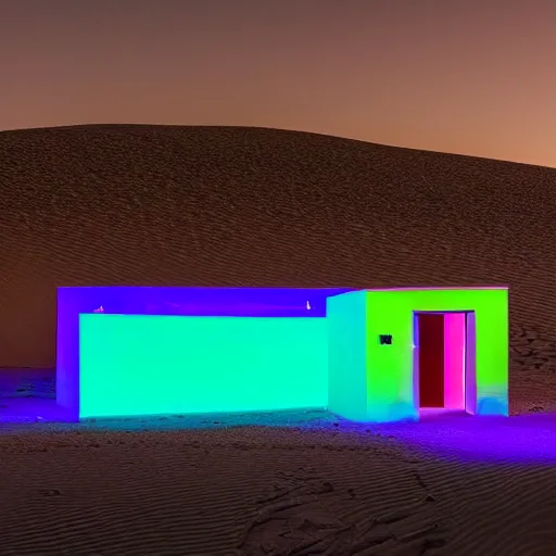 Image similar to a building buried in a desert dune, surreal, neon lights, james turrel, minimalist architecture,