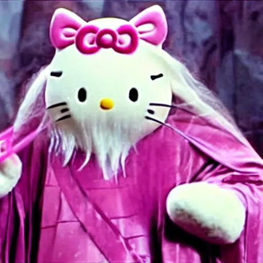 Image similar to portrait of laughing Gandalf dressed up as hello kitty, movie still from Lord of the Rings