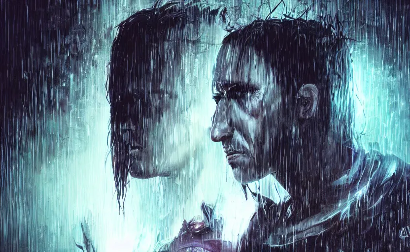 Image similar to an epic fantasy comic book style portrait painting of a very imposing cybergoth trent reznor in the rain, wet hair, neon reflections, character design by mark ryden and pixar and hayao miyazaki, unreal 5, daz, hyperrealistic, octane render, cosplay, rpg portrait, dynamic lighting, intricate detail, cinematic