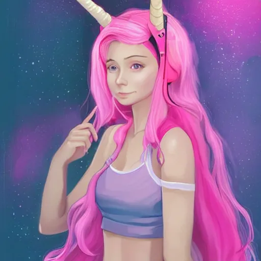 Prompt: very very very beautiful pink gamer girl wearing headphones with a unicorn horn coming out of her head standing in a pink girls room, full body portrait, eye contact, smiling, perfect face, perfect body, extreme long shot, drawn by charlie bowater