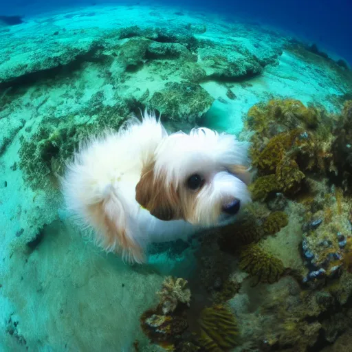 Prompt: a cream-colored havanese snorkeling in a tropical reef, gopro photo, 4k