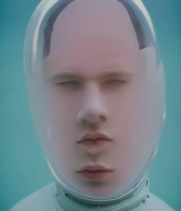 Image similar to high quality pastel coloured film portrait photograph of a beautiful twenty year young male, soft facial features, short hair, perspex space helmet and oversized inflated clothing!! icelandic black rock pool environment. atmospheric three point light. photographic. art directed. ( pastel colours ). volumetric. clearcoat. waves. 8 k. filmic.