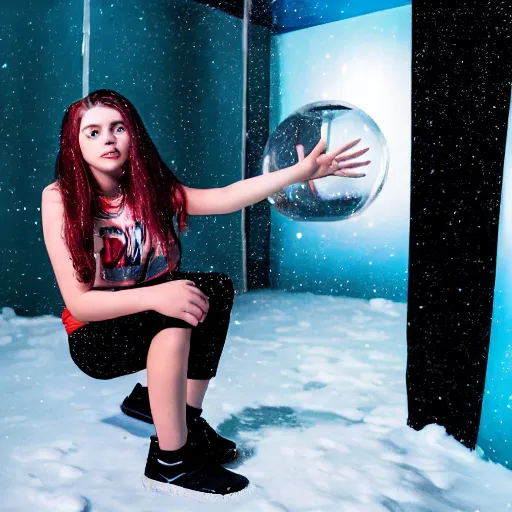 Image similar to a teenage emo girl squatting inside a giant snowglobe, editorial photography, in a photo studio