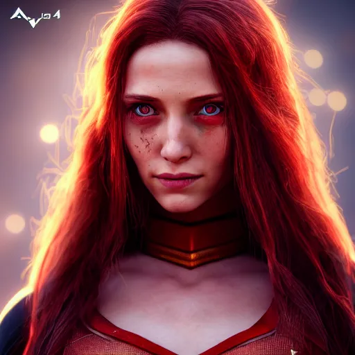 Image similar to nymph render of very beautiful 3d scarlet witch, long hair, hazel eyes, cute freckles, full round face, short smile, golden hour, apocalyptic setting, medium shot, mid-shot, highly detailed, trending on Artstation, Unreal Engine 4k