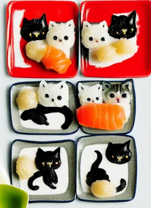Image similar to clear surrealist painting of tiny adorable cats made from sushi rice, sitting on sushi plates with sushi, garnish, wasabi and soy sauce