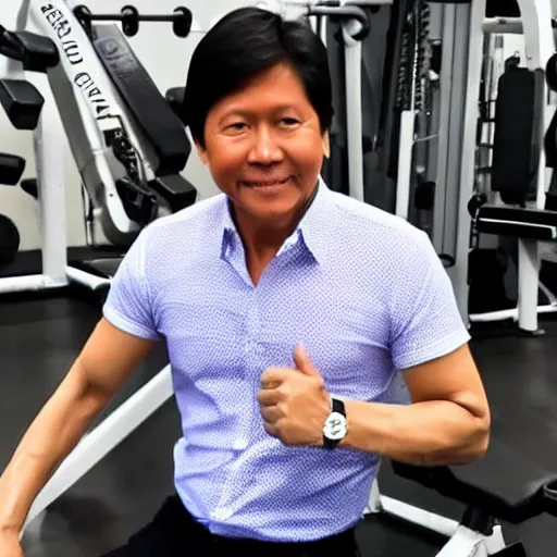 Image similar to bongbong marcos as gigachad flexing at the gym, muscular, on steroids,