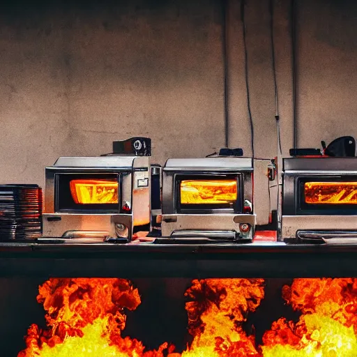 Prompt: toaster ovens on conveyor belt, dark messy smoke - filled cluttered workshop, dark, dramatic lighting, orange tint, sparks, cinematic, highly detailed, sci - fi, futuristic, movie still