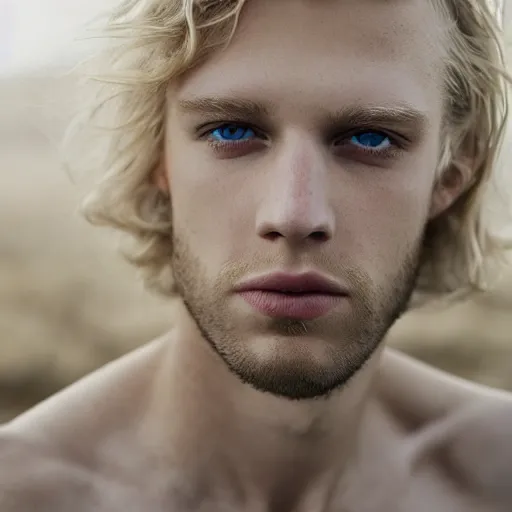 Image similar to color portrait of a beautiful blue eyed blond white male model By Emmanuel Lubezki