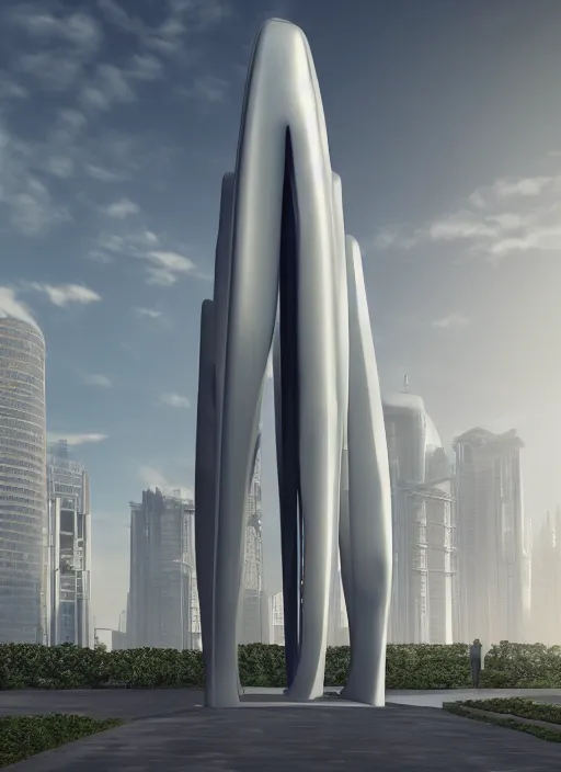 Image similar to highly detailed realistic architecture 3 d render of a huge high futuristic concrete stele sculpture in zaha hadid style standing in city park, archdaily, made in unreal engine 4 octane render