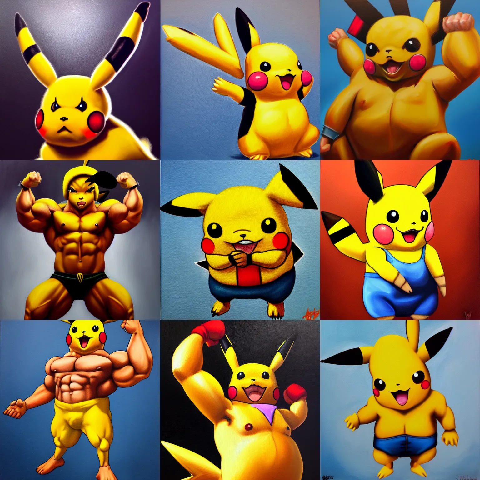 Prompt: oil painting of a buffed pikachu with big muscles, trending on artstation, 4k