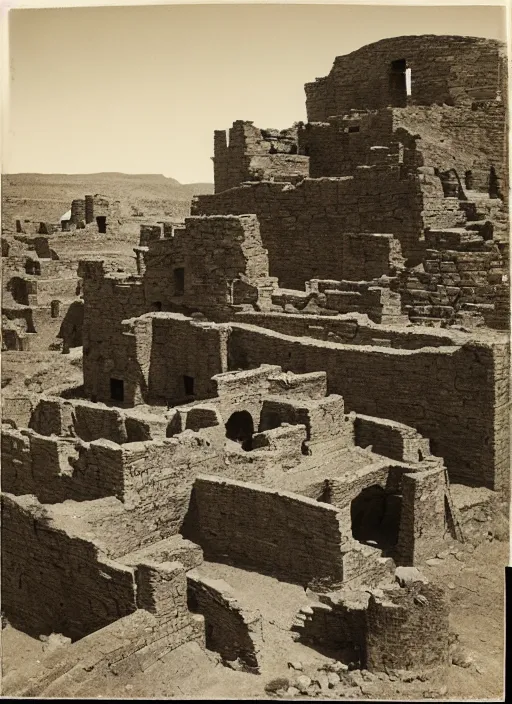 Image similar to Photograph of ancient pueblo ruins in a canyon, showing terraced gardens and lush desert vegetation in the foreground, albumen silver print by Timothy H. O'Sullivan.