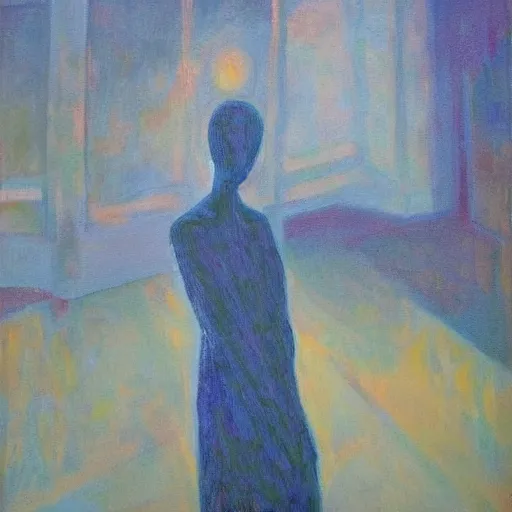 Prompt: a painting of a ethereal ghost standing close to camera in the style of alberto giacometti, acrylic, twilight, glows, detailed,