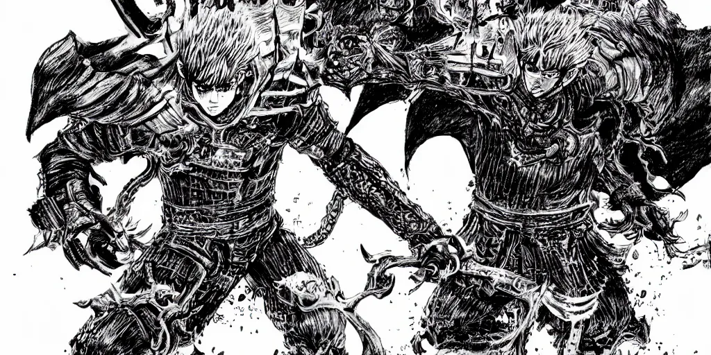 Prompt: Guts from the Berserk manga fighting a demon, manga style, high-detailed illustration