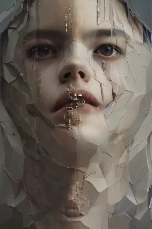 Image similar to 3 d, close - up, fashion model looking up, marble, tears, poster art, intricate oil painting, high detail, figurative art, multiple exposure, poster art, 3 d, by stanley kubrick and tooth wu and wlop and beeple