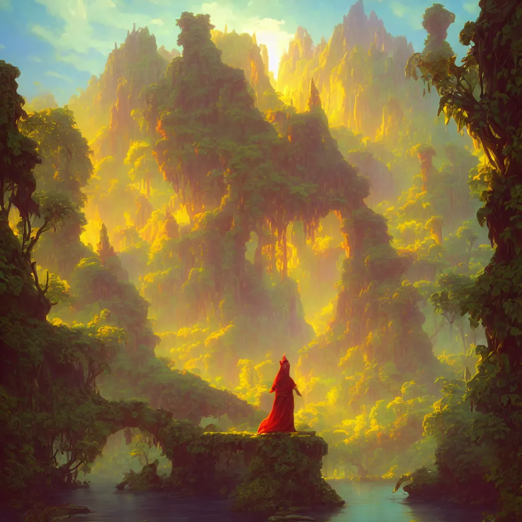 Image similar to enchanted temple landscape in the style of riven and myst by rhads and marc simonetti and alphonse mucha. vivid color, highly detailed, mystical, digital painting, artstation, concept art, matte, sharp focus.