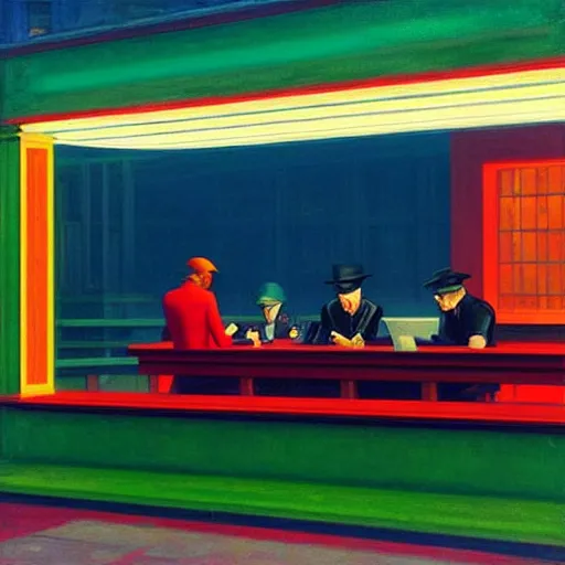 Image similar to “ nighthawks by edward hopper, except it ’ s set in a cyberpunk hong kong of the far future. ”