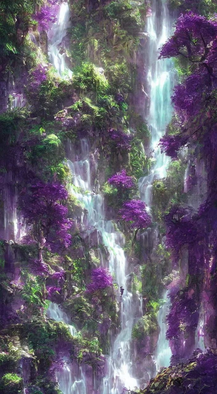 Prompt: a mystical solarpunk fairy city in the amethysts wall of a dreamy waterfall cave by kinkade
