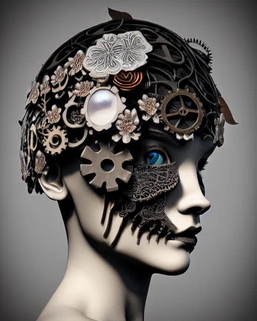 Image similar to monochrome 3 d model, steampunk biomechanical beautiful young female cyborg with porcelain profile face and a big floral eye, volumetric light, leaves foliage and stems, hibiscus flowers, boho floral vines, sinuous fine roots, fine foliage lace, alexander mcqueen, rim light, big gothic fashion pearl embroidered collar, octane render, 8 k