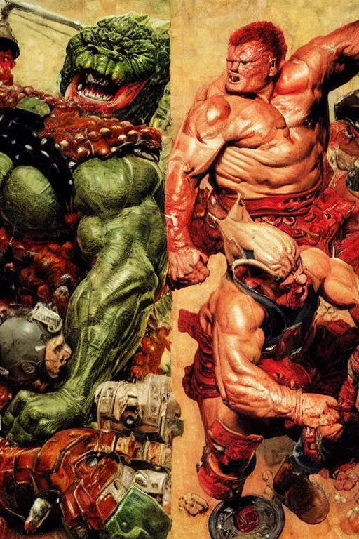 Image similar to upper body and head portrait of hulking brock lesnar as marvel demon wearing cape and armour, norman rockwell, tom lovell, alex malveda, jack kirby, lawrence alma tadema, greg staples, jeremy mann