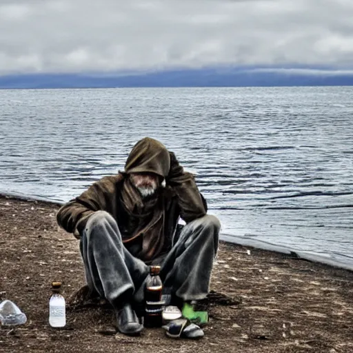 Prompt: hobo on sea with million bottles